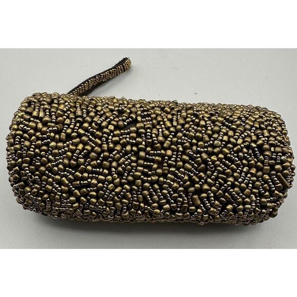Pocketbook Gold Beaded Clutch Evening Bag with Strap Zipper 6 Inches Long - Picture 3 of 5
